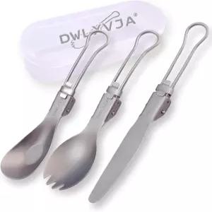 DWLXVJA 티타늄 캠핑 도구 세트 케이스 포함 3피스 접이식 스팍 스푼 나이프 백패킹 야외 하이킹 사무실