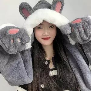 일체형 후드 그레이 머플러 니트후드머플러 후드머플러