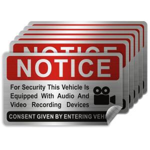 차량용 오디오 및 비디오 녹화 장치가 장착된 6가지 차량용 카메라 녹화 스티커, 브러시드 실버, 3.3인치 x 2인치 차량용 카메라가 장착되어 있음을 알 수 있습니다