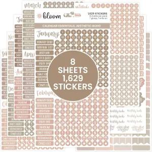 블룸 데일리 플래너 뮤티드 뉴트럴 캘린더 에센셜 스티커 - 8장 팩당 1629개 월별 제목 날짜 콘 등 색상