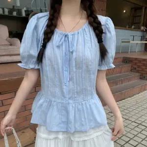 밴딩 퍼프 블라우스 프릴 포인트 러블리