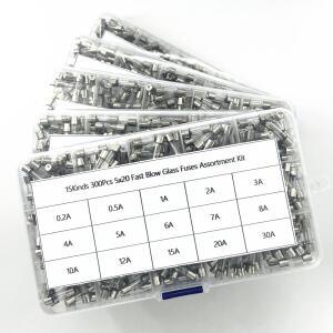 300Pcs 고속 블로우 유리 퓨즈 분류 키트 24 값 자동 250V 0.2A-30A 5x20mm 튜브 전자