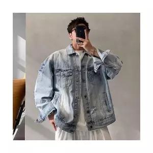 룽나루 남성 청자켓 빈티지 디스트로이드 칼라 데님 코트 봄가을 재킷 HO3