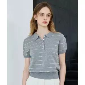 스트라이프 카라넥 반오픈 반팔 니트 NQ2KT005L0