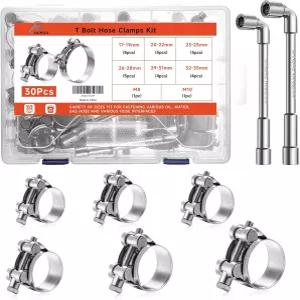 아키히사 30Pcs 17-35mm 6사이즈 T 볼트 호스 클램프 304 스테인리스 스틸 헤비 듀티 일정 장력 M8 및 M10