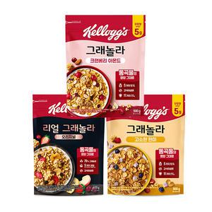 [베스트픽] 켈로그 그래놀라 3대장 세트(리얼그래놀라 400g + 큐브 현미 그래놀라 500g + 크랜베리 아몬드 500g)
