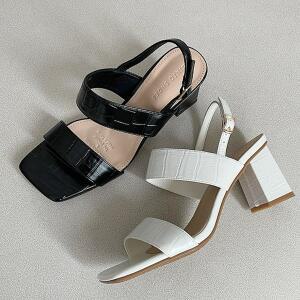 [민토]스퀘어토 악어 무늬 청키힐 슬링백 하이힐 여성 샌들 힐 7.5cm