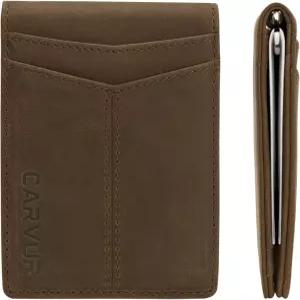 남성용 머니 클립이 있는 CARVUR 슬림 바이폴드 RFID 차단 풀 그레인 정품 가죽 앞주머니 미니멀리스트