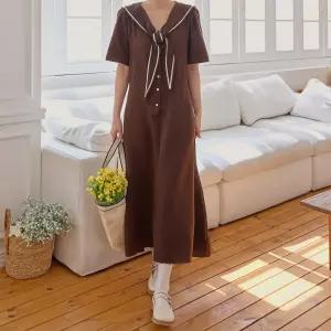 세일러 브이넥 타이 반팔 롱 원피스 허리끈 여성 빅사이즈