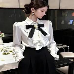 여성 새틴 타이 셔츠 가을 블라우스 봄 데일리룩 셔츠블라우스 오버핏 브이넥 리본