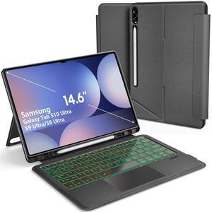 삼성 갤럭시 탭 S10 울트라 / S9 14.6인치 키보드 케이스 트랙패드가 있는 탈착식 백라이트 S 펜 홀더 3각 스탠드 보호 커버
