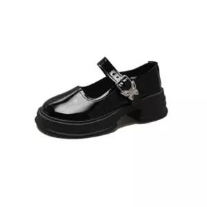 여성 나비 통굽 로퍼 에나멜 둥근앞코 메리제인 슈즈 검정플랫 오피스스타일코디