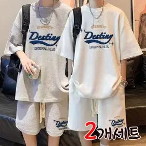 WAMP1+1 2세트 반팔 트레이닝복 루즈핏 캐주얼 레터링 반팔 반바지 투피스 빅사이즈 여름 시원한 데일리복 상하의