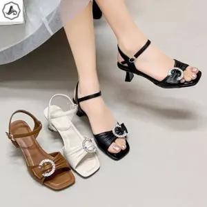 [애슬릿] 가죽 샌들 셔링 큐빅 포인트 발목 스트랩 키높이 6cm