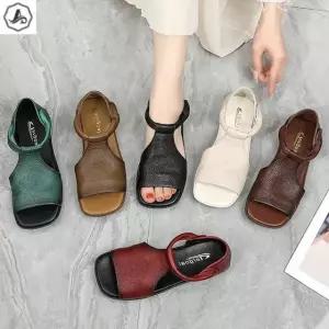 [애슬릿] 가죽 샌들 발편한 투톤 플랫 스트랩 여름 바캉스 휴양지