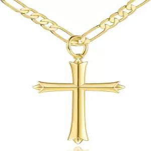 SPOINT 남성용 크로스 목걸이 14K 골드 편안한 펜던트 20/22/24인치 4.3MM 피가로 체인이 결합되었습니다