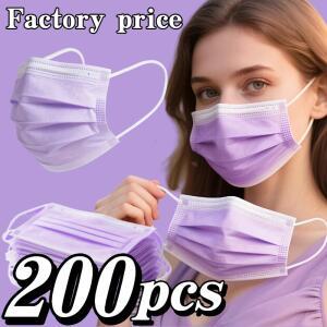 200개 두꺼운 보라색 일회용 보호 마스크 - 3중 구조로 통기성이 좋고 편안하며, 조절 가능한 귀걸이와 밀
