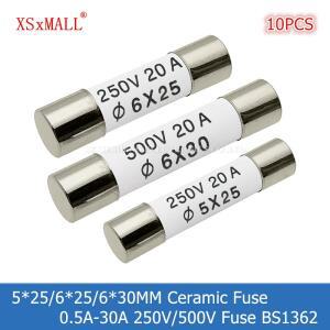 10개 세라믹 퓨즈 525625630MM 0.5A 1A 2A 3A 4A 5A 6A 8A 250V RO55 BS1362