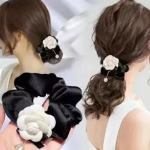 머리 곱창밴드 테일 끈 반묶음 동백꽃 헤어곱창 여성 데일리 새틴