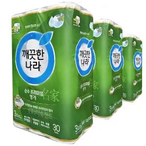 깨끗한나라 순수 프리미엄 명가 3겹 와이드 화장지 30m 30롤 x3개 두루마리 롤 휴지