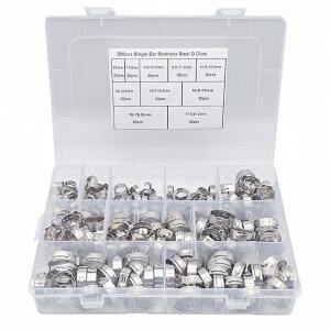 200pcs 7-21mm 단일 귀 무단계 호스 클램프 세트 -304 스테인레스 스틸 이어 클립 파이프 고정용