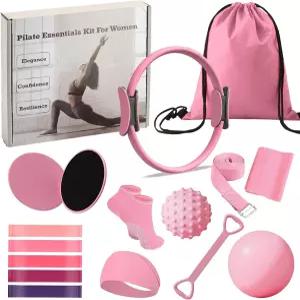 여성용 필라테스 링 서클 세트 17개 요가 장비 14인치 마사지 볼 저항 밴드 엉덩이 스러스트 벨트 헤어