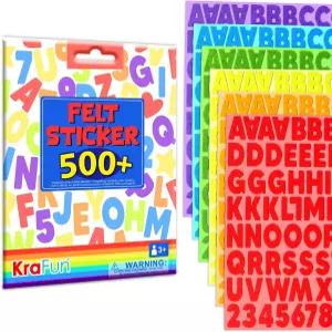 및 를 위한 KRAFUN 500+ 펠트 스티커 - 자동 접착 알파벳 문자 숫자 모양 메시지 없는 DIY 스크랩북 예술