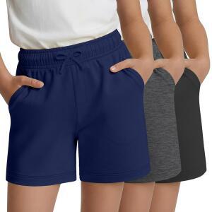 레슨주 3팩 여자 여름 스웨트 부드러운 캐주얼 탄력 운동 14년 와이드 레그 반바지 허리 포켓