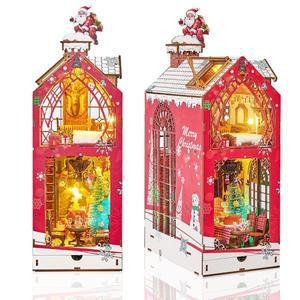 DIY 누크 삽입 미니어처 있는 책장 퍼즐 키트 3D 인형집 나무 북누크 LED가 장식