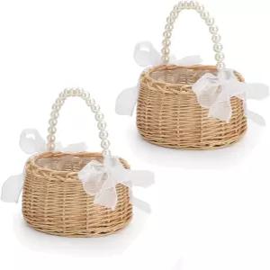 2 PCS 위커 라탄 플라워 걸 바구니 웨딩 진주 손잡이와 활 요정 손으로 짠 이스터