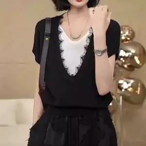 여사친 검정 니트 춘추 레이스 브이넥 나시탑 DUCHI1