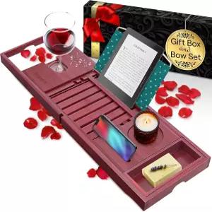 선물 상자와 활 세트가 된 SeneLife 욕조 트레이 캐디 확장 가능한 엄마 여성 결혼식 기념일 신부 샤워