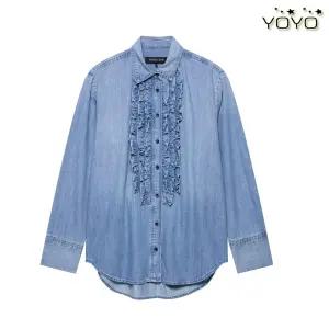 프릴 러플 데님 러블리 청남방 셔츠 블라우스