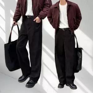 [셀러허브]남자 기모 바지 겨울 와이드 커브드 블랙진 코튼 팬츠 (S44353791)