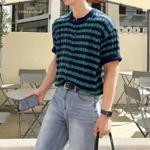 스트라이프 꽈배기 라운드 남자 여름 반팔 가디건