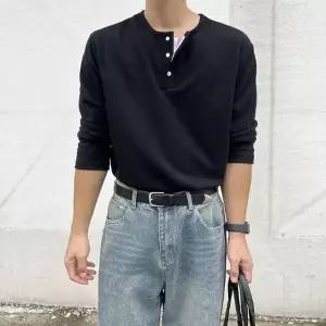 남자 헨리넥 긴팔티 얇은 긴팔 단추 티셔츠