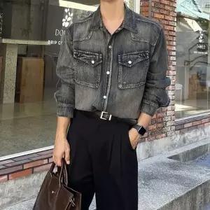 남자 청남방 워싱 웨스턴 포켓 봄 가을 데님 셔츠
