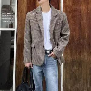 남자 블레이저 체크 마이 겨울 울 오버핏 콤비