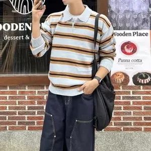 스트라이프 오버핏 남자 카라 단가라 가을 니트