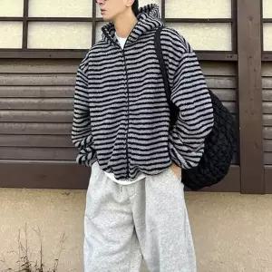 남자 양털 집업 뽀글이 스트라이프 후리스 겨울 점퍼