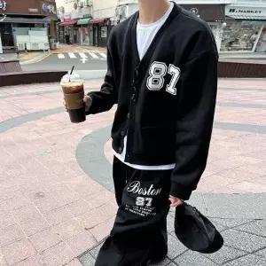 남자 레터링 기모 브이넥 가디건 트레이닝셋업