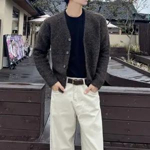 남자 브이넥 부클 도톰 크롭 니트 가디건