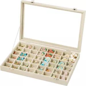 프리뷰티 48 그리드 주얼리 트레이 유리 뚜껑이 있는 조절 가능한 귀걸이 홀더 정리함 반지용 벨벳 서랍