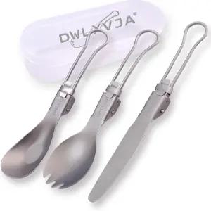 DWLXVJA 티타늄 캠핑 도구 세트 케이스 3 접이식 스팍 스푼 나이프 백패킹 야외 하이킹 사무실 점심용