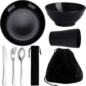 라톤 캠핑 도구 재사용 가능한 가벼운 머그컵 그릇 및 접 된 휴대용 여행용 실버웨어 세트 스테인리스 스틸