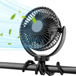 쿠니 5000mAh 휴대용 유모차 팬 3단 배터리 작동 클립온 삼각대 360 회전 USB 충전식 냉각으로 자전거