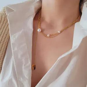 여자 데일리 레이어드 진주 써지컬스틸 목걸이