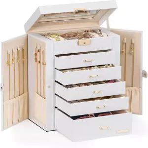 여성용 홈데 주얼리 박스 대형 반지 귀걸이 목걸이용 거울이 있는 6겹 5 서랍 정리함 - 잠금 장치가 보관