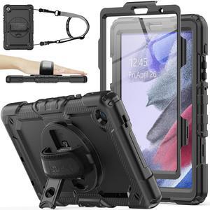 삼성 갤럭시 탭 A7 라이트 2021 8.7인치 SM-T220 / T225 / T227 케이스 화면 보호 펜슬 홀더 [360 회전 핸드 스트랩] & 스탠드 SEYMAC 재고 낙하 방지 블랙