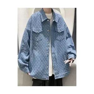 키체샵 남성 청자켓 꽃무늬 풀오버 데님 코트 가을 워싱 재킷 멀티 포켓 터틀넥 캐주얼 상의 HO3